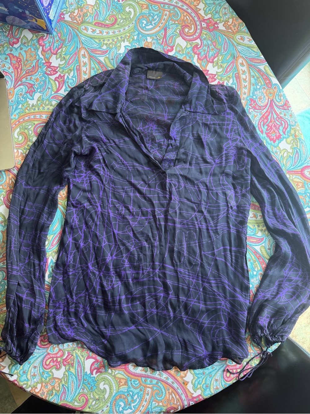 Fendi Black Long-Sleeve Blouse with Purple Abstract Lines